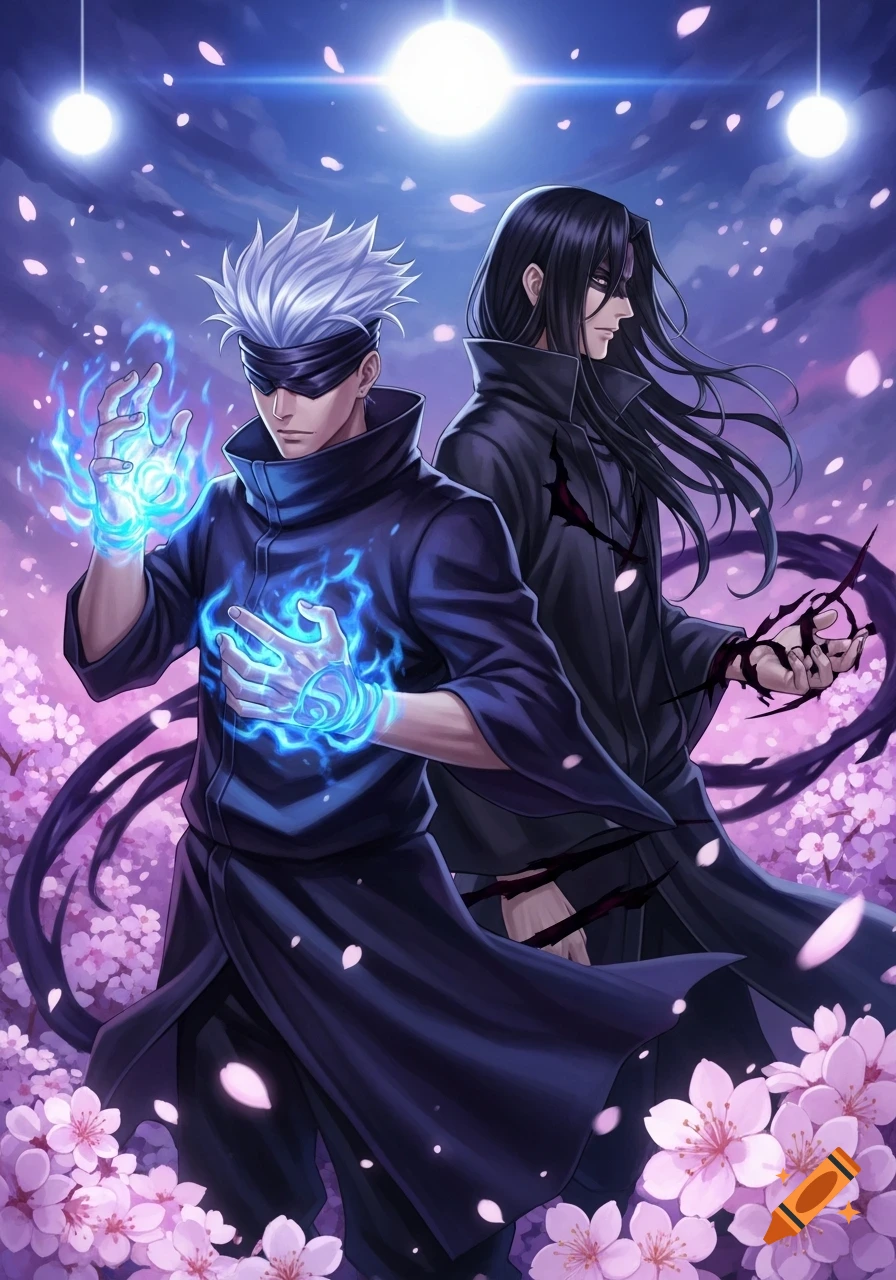 Anime art of Satoru Gojo with glowing blue energy and Suguru Geto with dark tendrils amidst pink cherry blossoms under a night sky.