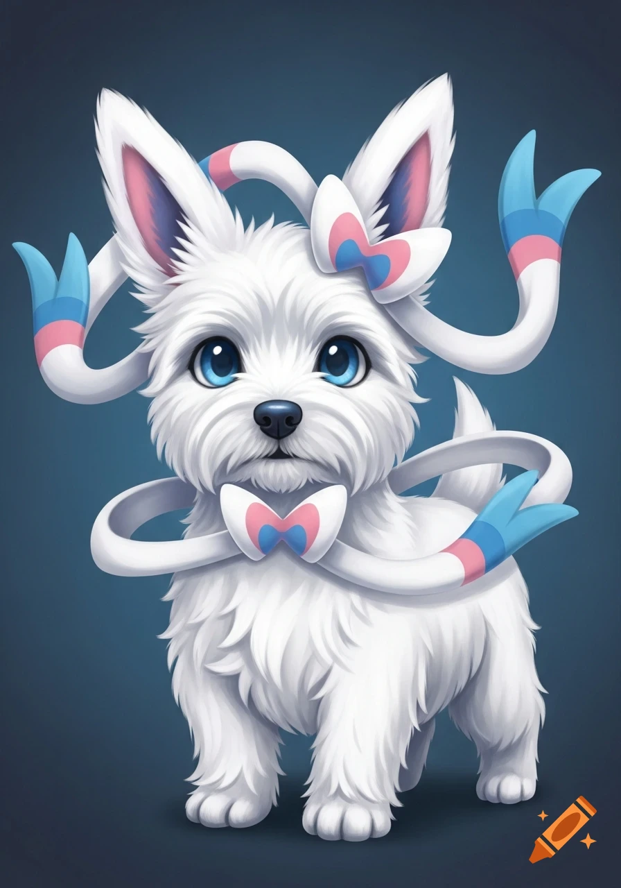 A fluffy white Westie-Sylveon hybrid dog with big blue eyes and pink and blue ribbons and bows, depicted in a digital art style.