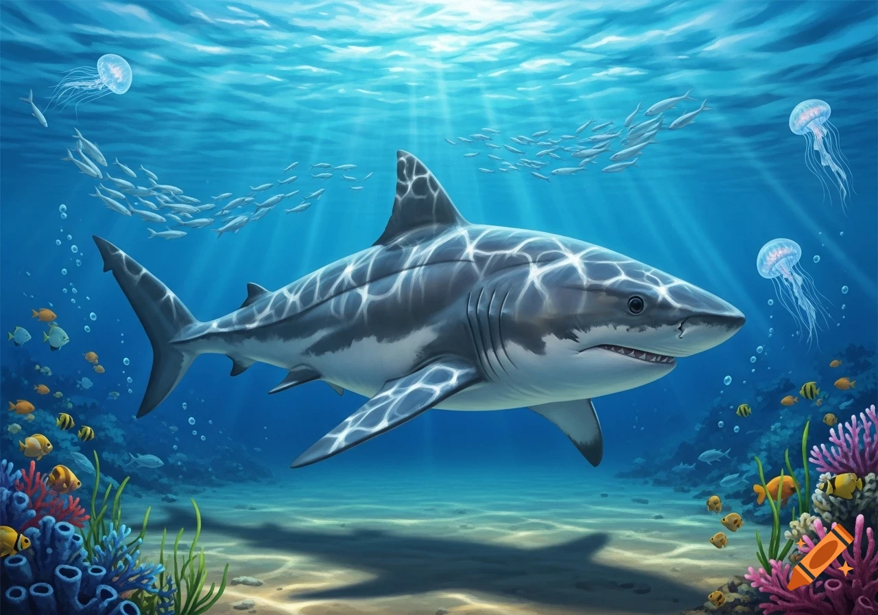 A large grey and white shark swims in a vibrant blue ocean with schools of fish, jellyfish, and colorful coral.