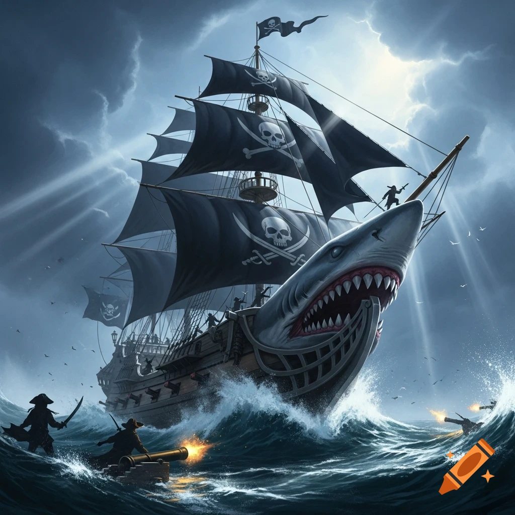 A dramatic pirate ship with a shark-head prow battles on stormy seas, firing cannons under a cloudy, sunlit sky.