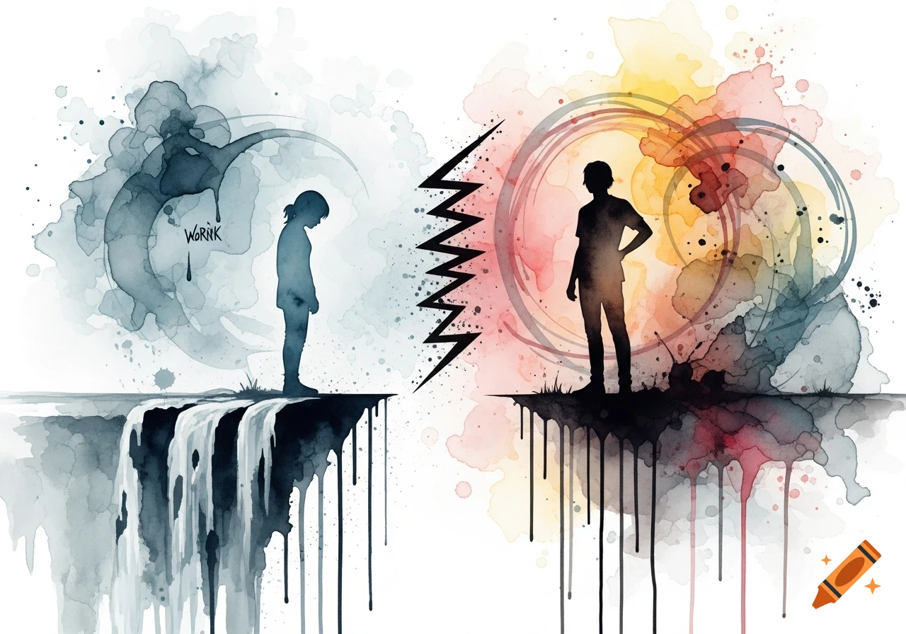 Watercolor illustration of two human silhouettes on separate cliffs, one looking down in a blue/grey wash, the other standing defiant in a warm-toned wash, separated by a jagged line.