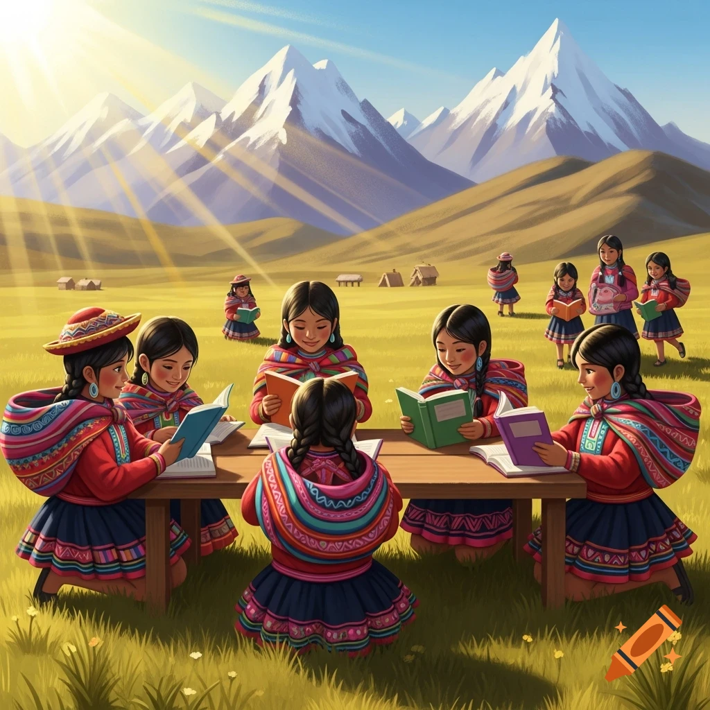 Indigenous girls in colorful clothing read books around a table in a sunny, grassy field with snow-capped mountains.