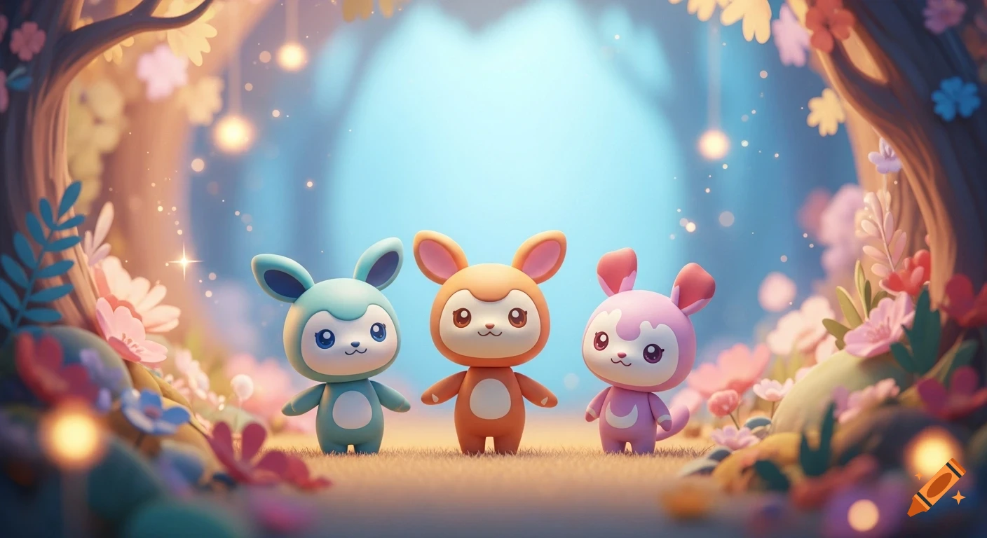 Three cute, colorful, rabbit-like fantasy creatures stand in a whimsical forest with glowing lights and pastel flowers.