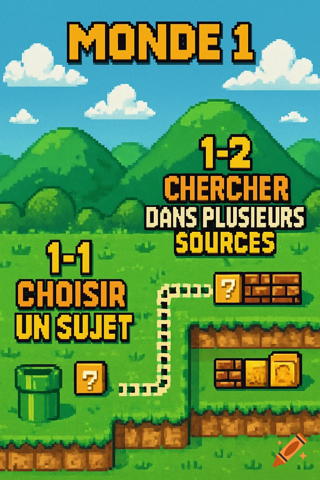 Pixel art map in Super Mario style with green hills, clouds, blocks, and pipes. French text lists educational steps.