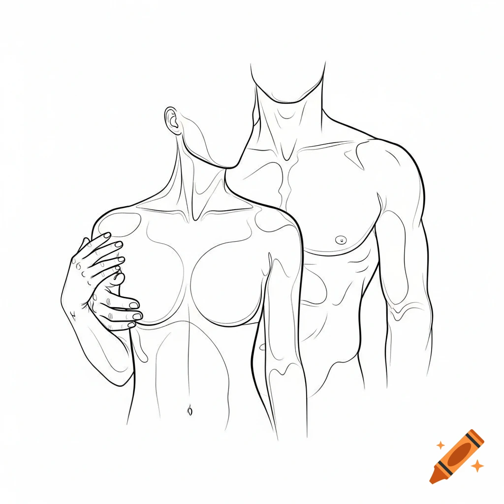 Black and white line art illustration of a man and woman's torsos embracing, with featureless faces.