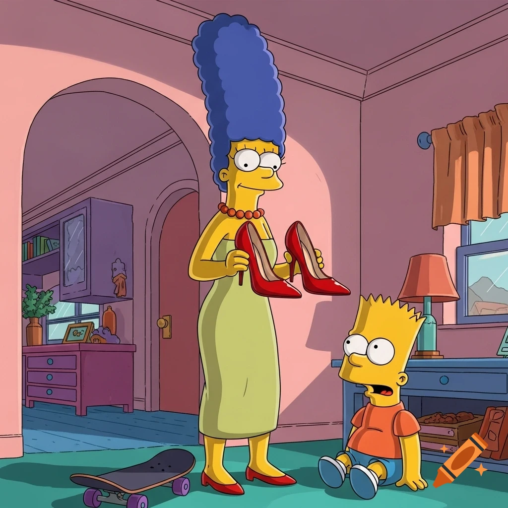 Marge Simpson in a green dress holds up red stiletto heels for a stunned Bart Simpson in a cartoon living room.
