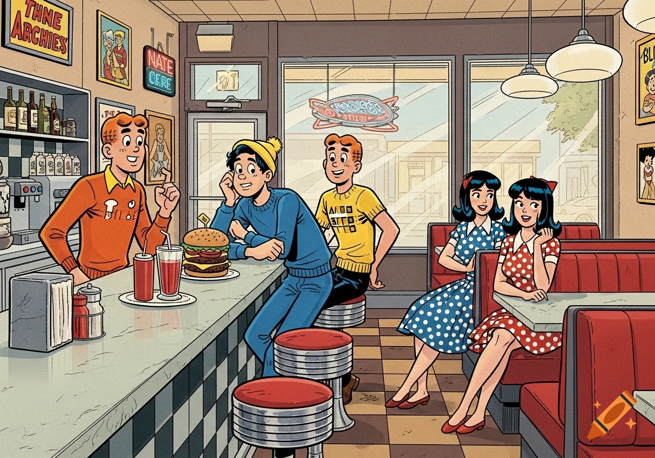 Archie, Jughead, Betty, and Veronica hang out in a retro diner in classic comic book art style.
