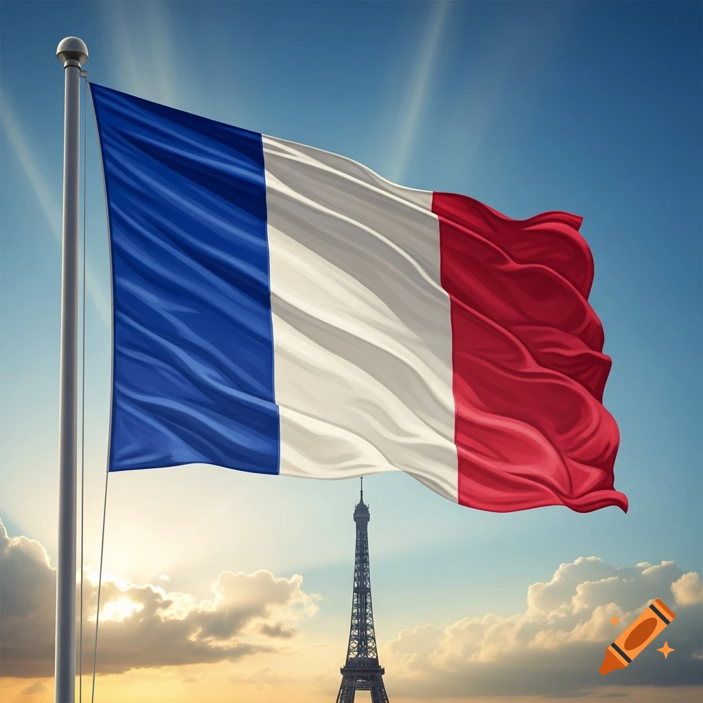 French flag waving on a flagpole with the Eiffel Tower in the background at sunrise under a blue sky.