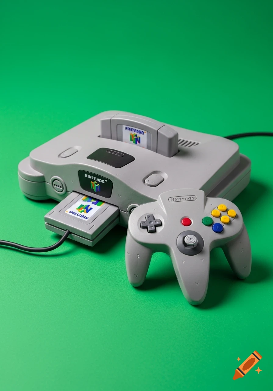 A gray clay model Nintendo 64 console with an inserted cartridge and controller on a solid green background.