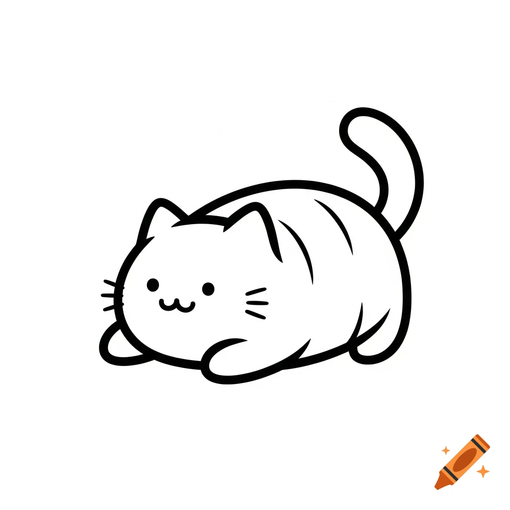 Simplified black outline drawing of a cute, plump cat resembling a gnocchi on a white background.