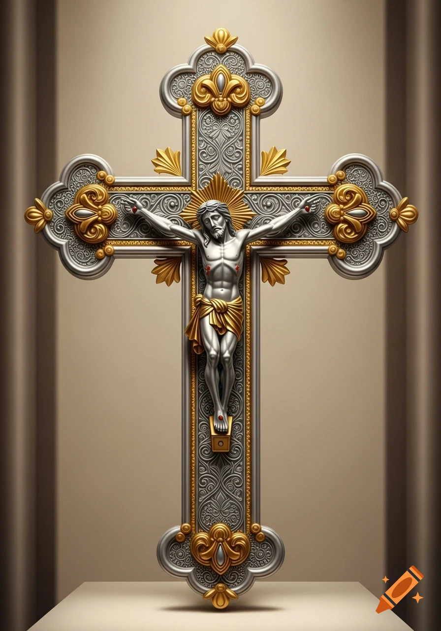 Ornate silver and gold crucifix featuring a silver figure of Jesus Christ against a beige background.