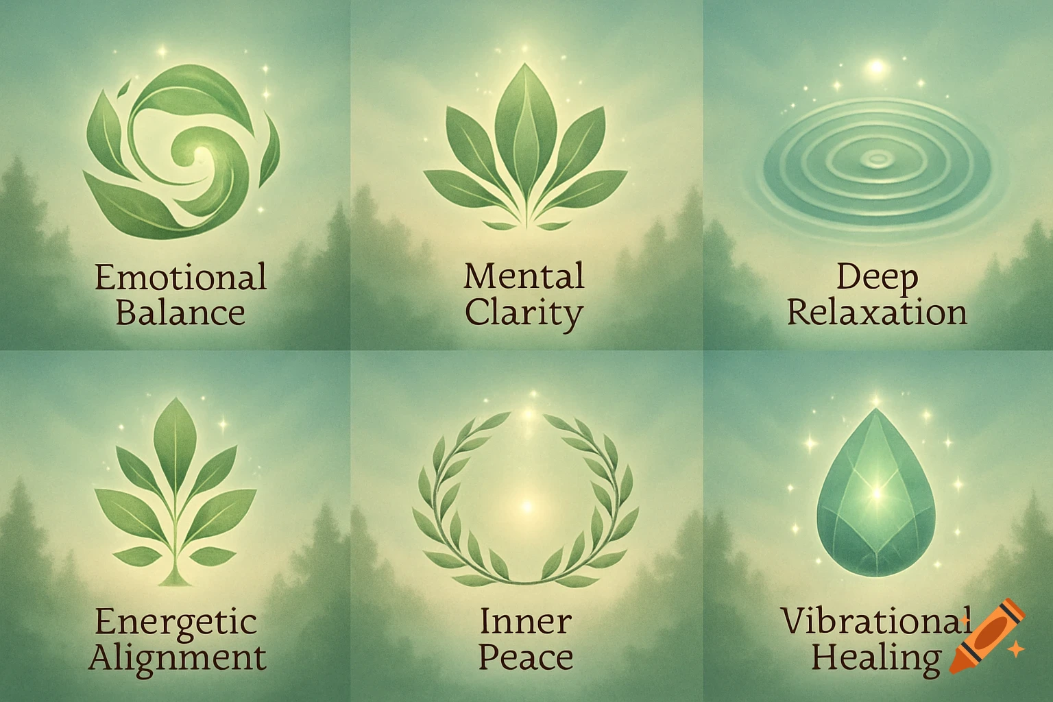 Six green spiritual and wellness logos, each with text labels for emotional balance, mental clarity, deep relaxation, energetic alignment, inner peace, and vibrational healing, against a misty forest backdrop.
