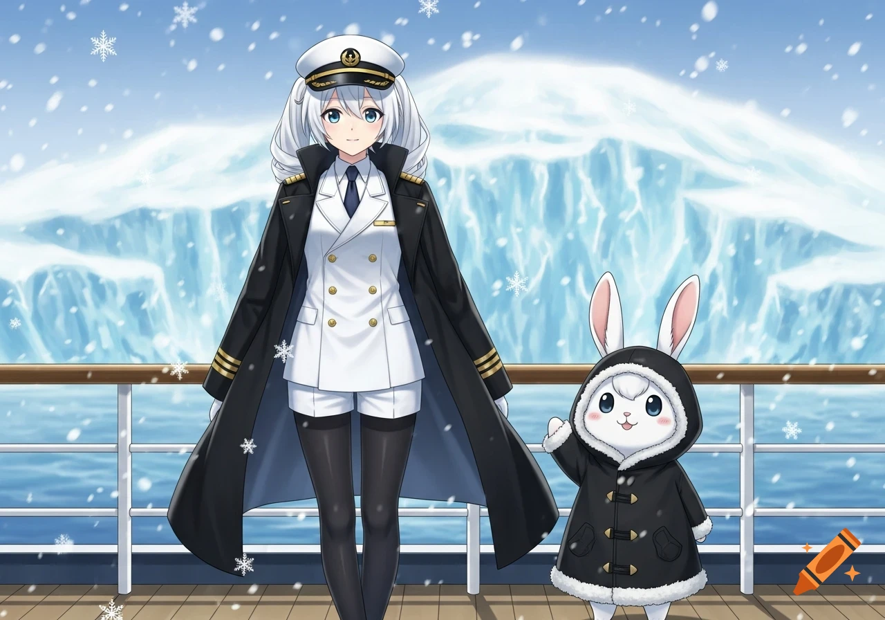 Anime girl in a captain's uniform and a chibi rabbit on a snowy cruise ship deck, with icebergs in the background.