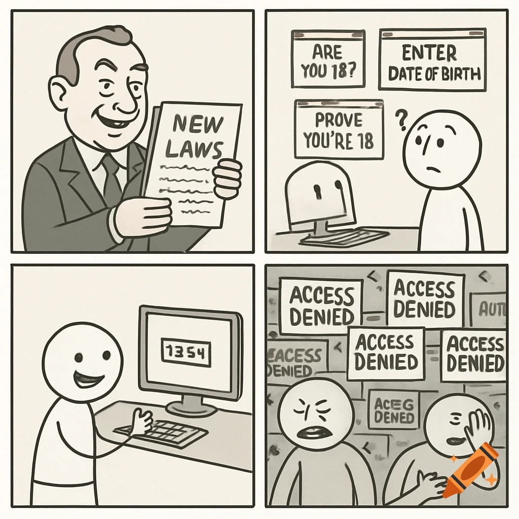A four-panel black and white comic. Top left: A man in a suit holding a paper titled 'NEW LAWS'. Top right: A person looking confused at a computer screen showing age verification prompts 'ARE YOU 18?', 'ENTER DATE OF BIRTH', 'PROVE YOU'RE 18'. Bottom left: A happy person at a computer with '1354' on the screen. Bottom right: Two frustrated people surrounded by numerous 'ACCESS DENIED' signs.