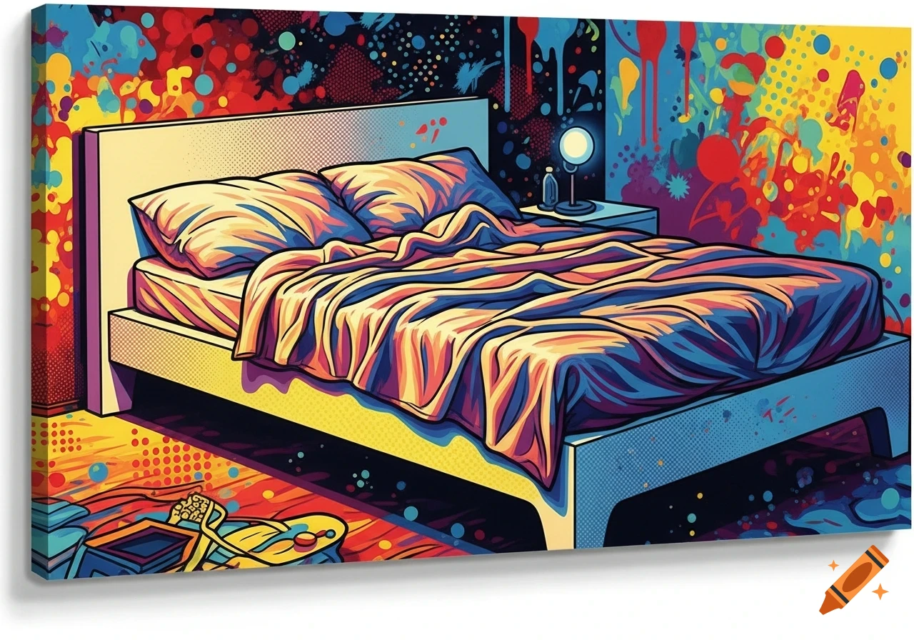 Pop art painting of an unmade bed with wrinkled sheets in a room adorned with colorful paint splatters.