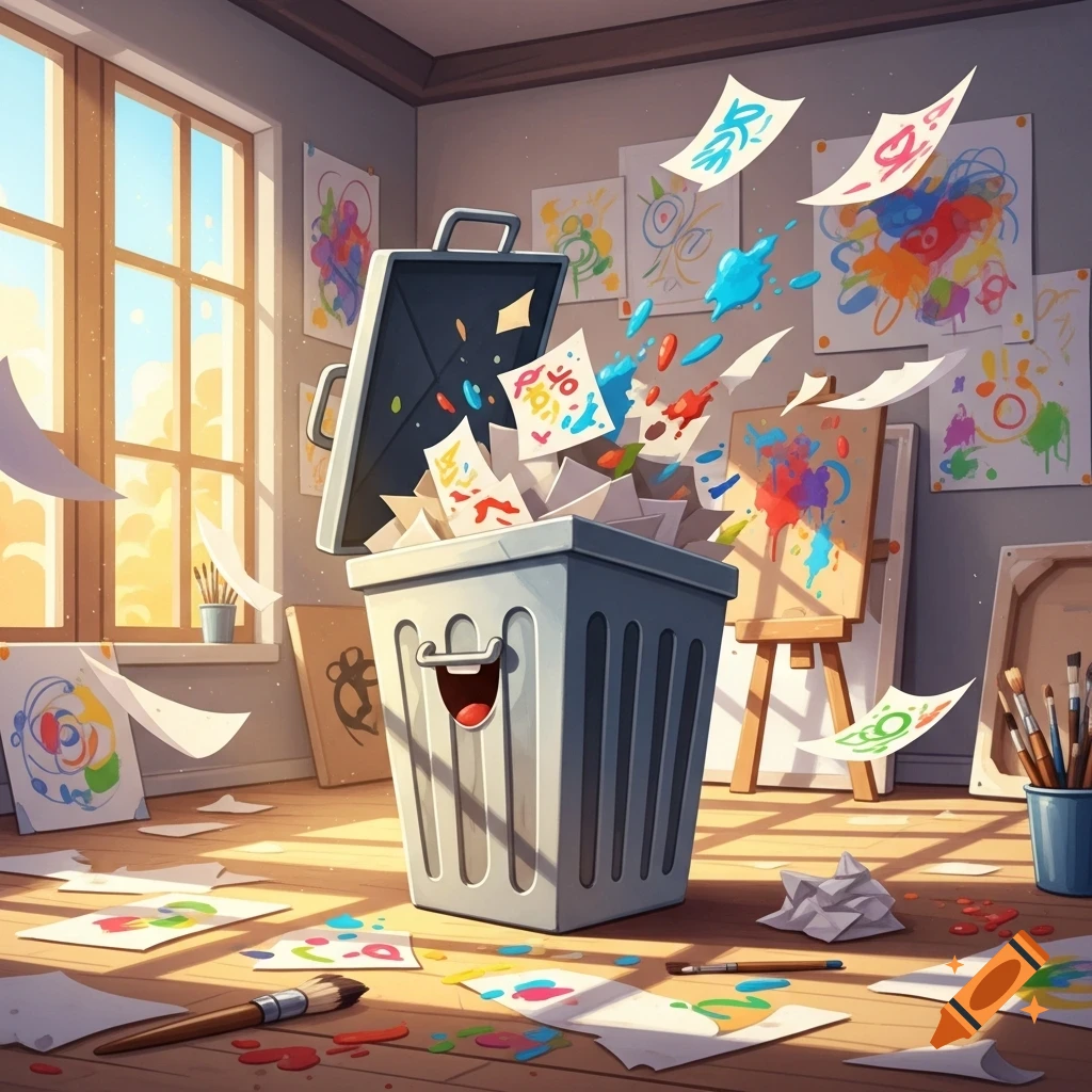 Cartoon art studio with a happy trash can overflowing with colorful art papers and paint splatters.