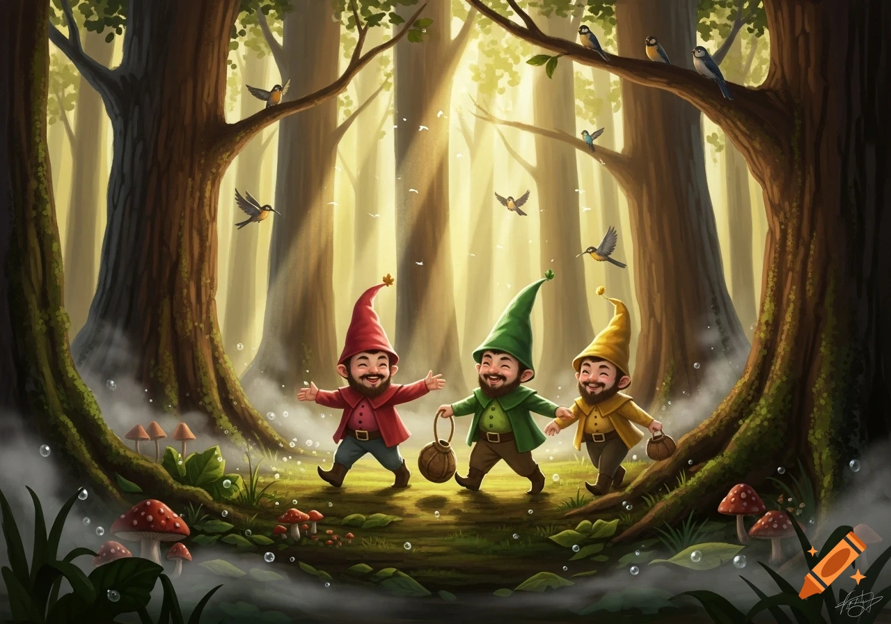Three smiling gnomes in red, green, and yellow hats walk through a magical, sunny forest filled with mushrooms and birds in a whimsical illustration.