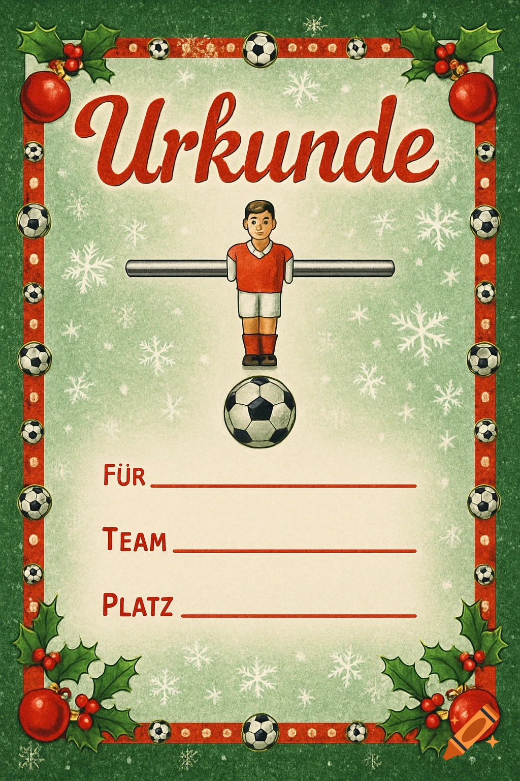 A vintage-style Christmas and foosball themed certificate with 'Urkunde' at the top, spaces for name, team, and place, framed by holly and soccer balls.