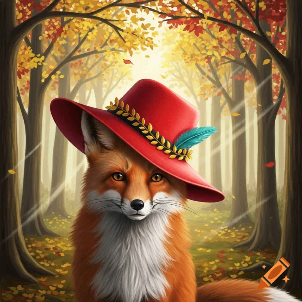 An orange fox wearing a red hat with a feather and gold leaves, in a vibrant autumnal forest.