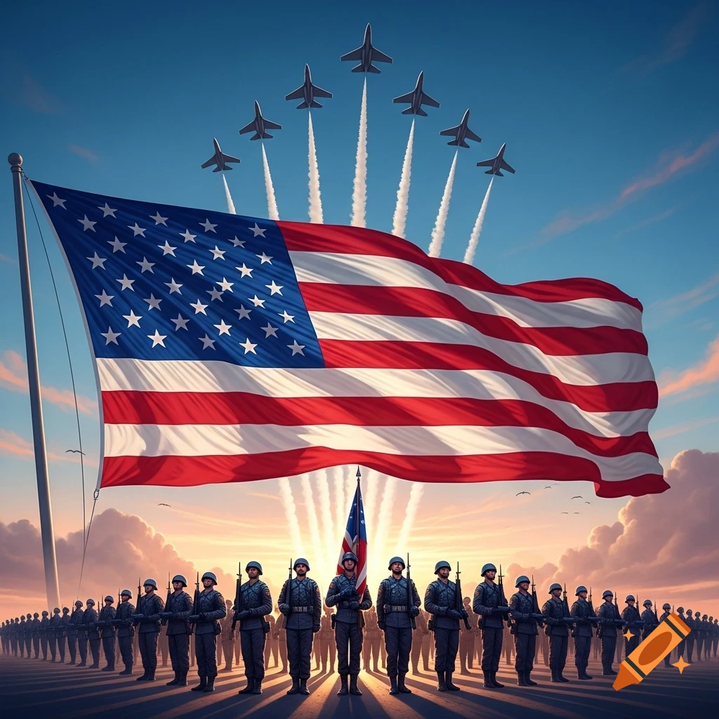 Photorealistic image of soldiers standing beneath a large American flag, with fighter jets flying in formation at sunrise.