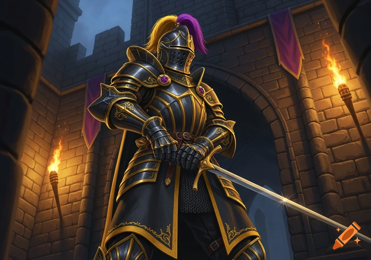 A majestic knight in black and gold armor, with a yellow and purple plume, stands in a castle archway holding a sword, torches illuminating the brickwork.