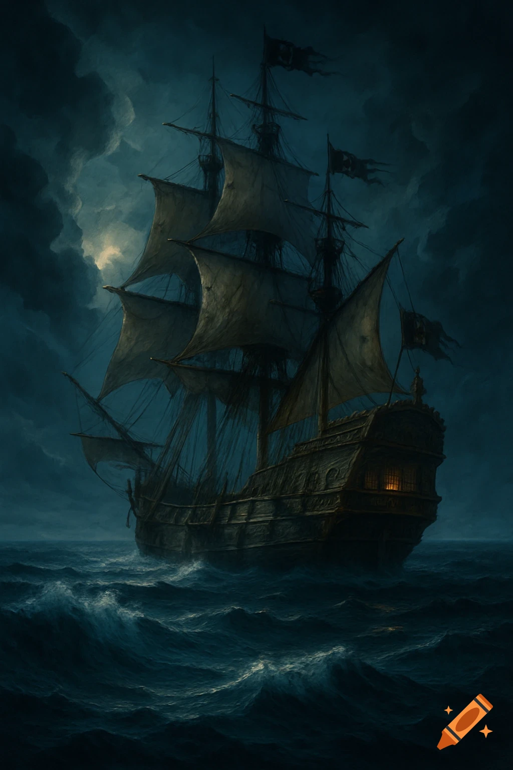 A dramatic painting of a large, dark pirate ship with tattered sails navigating a stormy, moonlit ocean under heavy clouds.