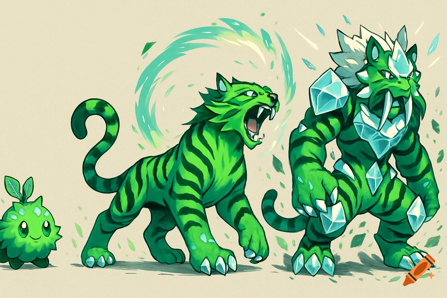 A three-stage evolutionary line of green tiger-like fantasy creatures, starting as a small plant-like sphere and ending as a bipedal crystal-armored sabertooth.