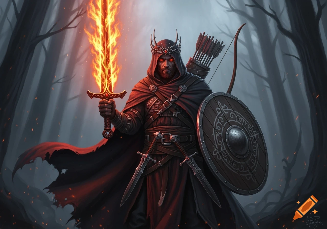 A dark fantasy warrior with glowing red eyes, a horned crown, and a ...