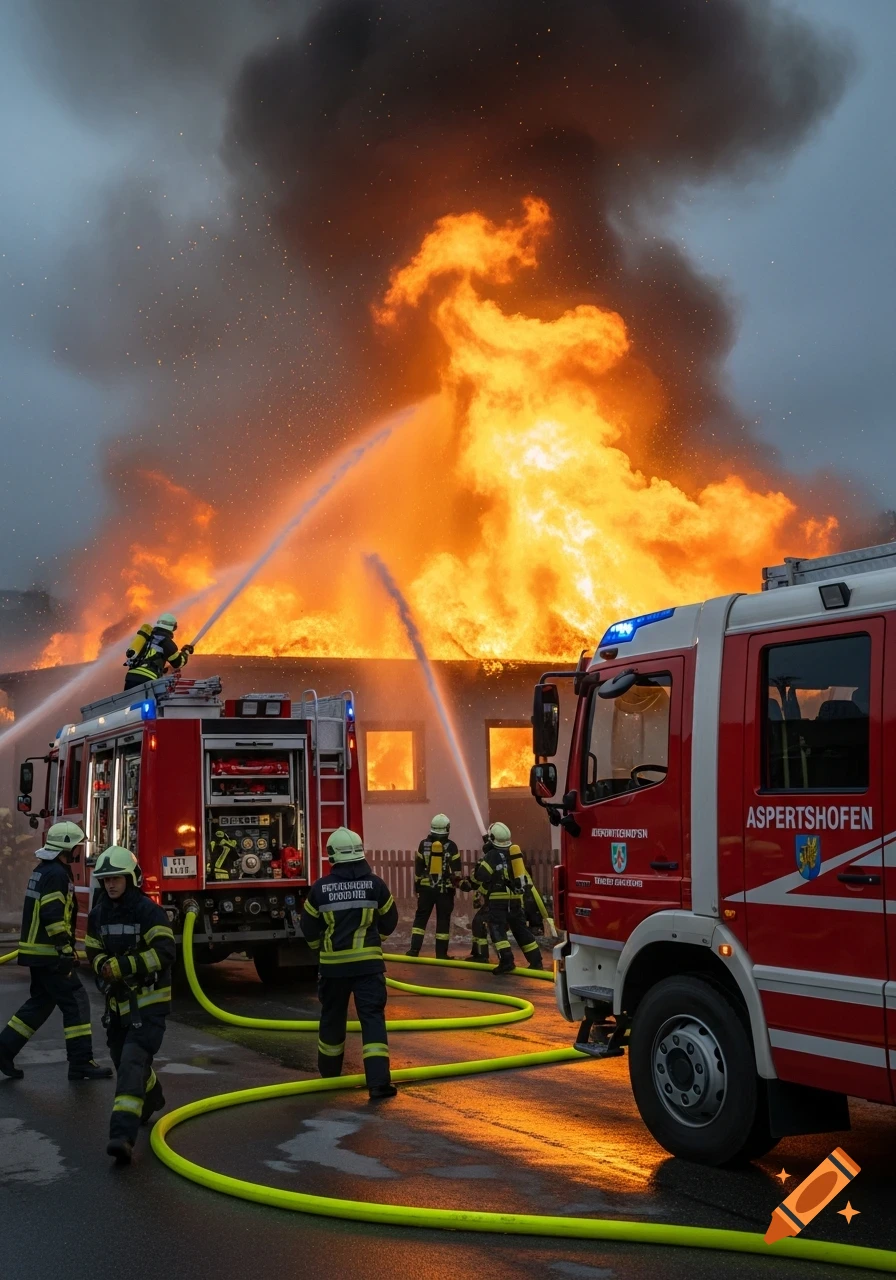 Firefighters from Aspertshofen battle a massive house fire at dusk, spraying water from multiple hoses while fire trucks are parked nearby.
