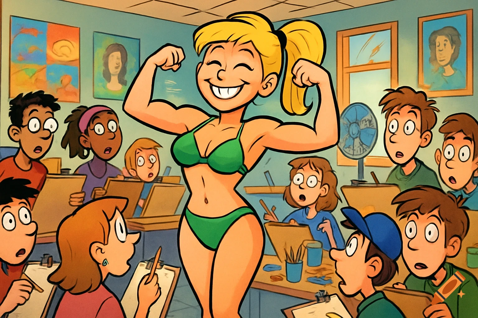 A smiling, muscular cartoon woman in a green bikini flexes her biceps as students draw her in an art class setting.