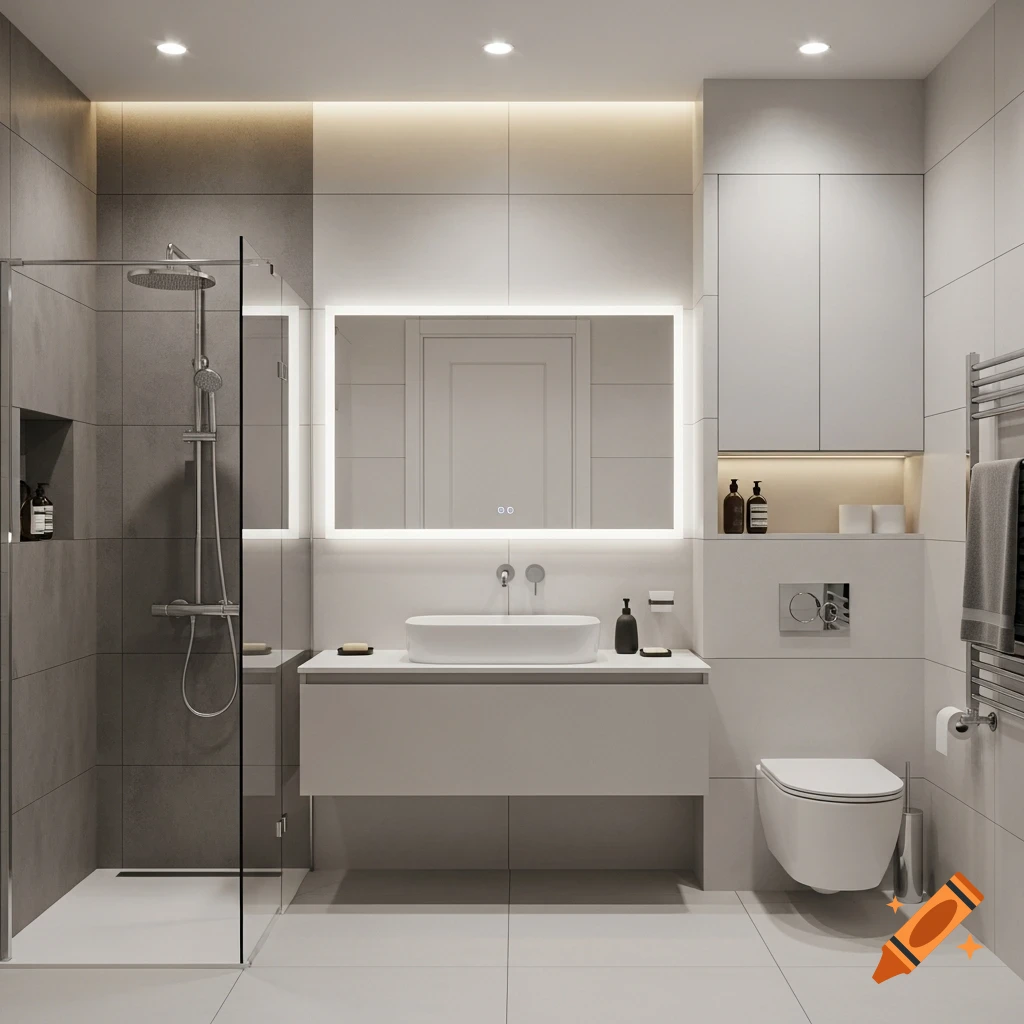 Modern minimalist bathroom with a glass-enclosed walk-in shower, floating vanity with vessel sink, and an LED-backlit mirror.