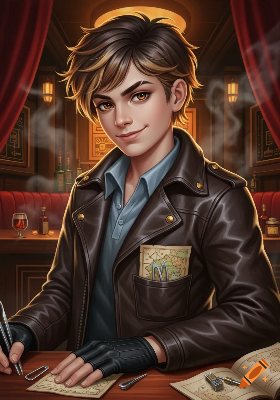 A young man with brown and blonde hair, wearing a leather jacket, sits at a wooden table with maps and tools, in a digital art style.