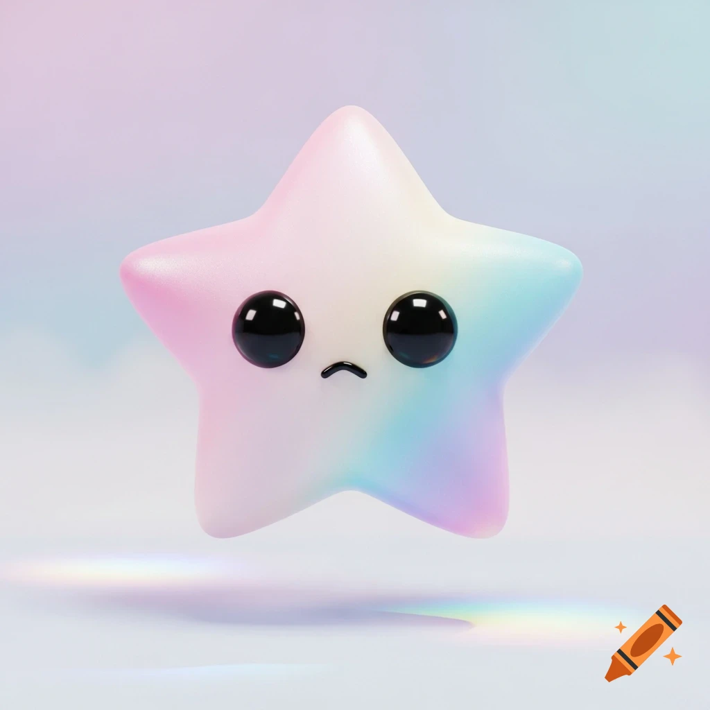 A cute, sad pastel 3D star with big black eyes floats over a colorful reflection on a soft background.