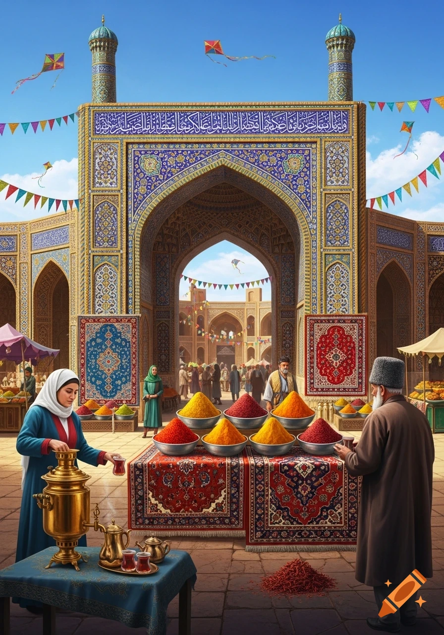 Vibrant market scene with a woman serving tea from a samovar, colorful piles of spices, and ornate architecture under a blue sky.