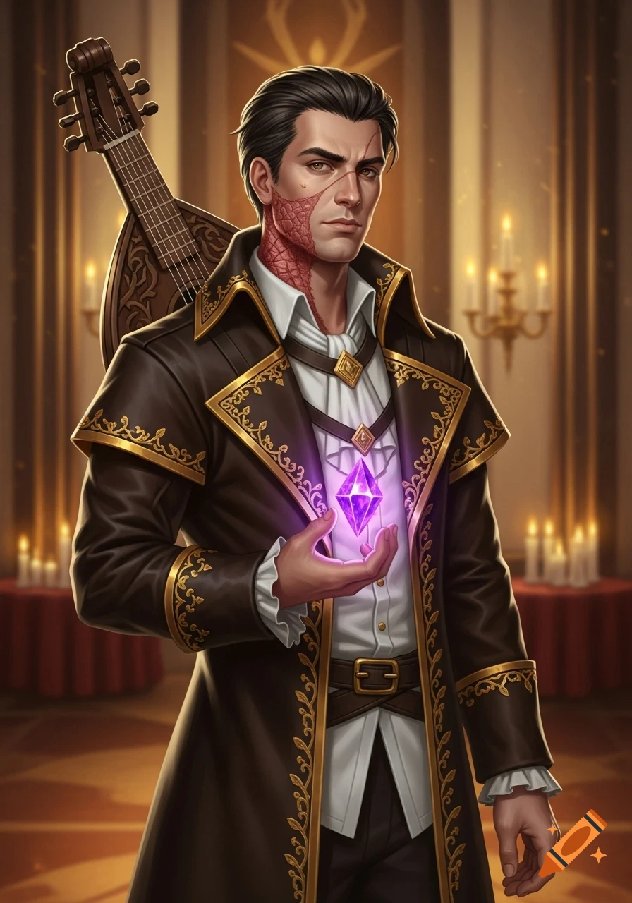 A human noble with a red birthmark, dark brown coat with gold trim, holding a glowing purple crystal, and carrying a lute in a candlelit hall.