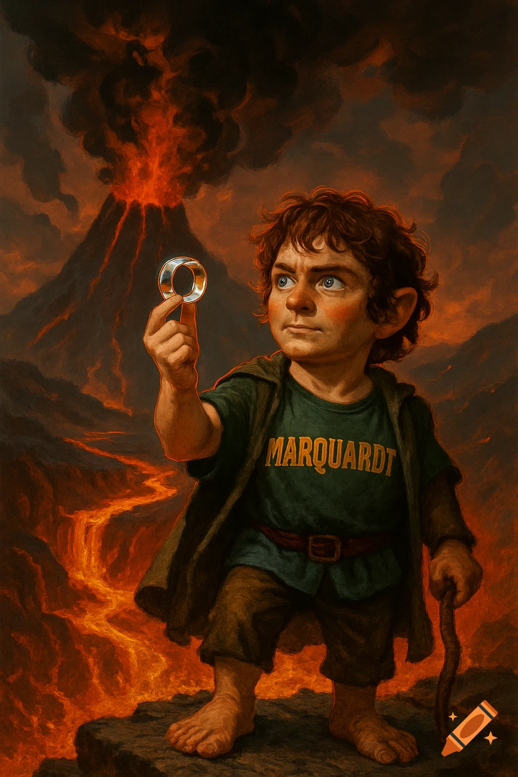 A hobbit-like character in a green shirt holding a ring, standing before an erupting volcano with lava flows, in an illustrative style.