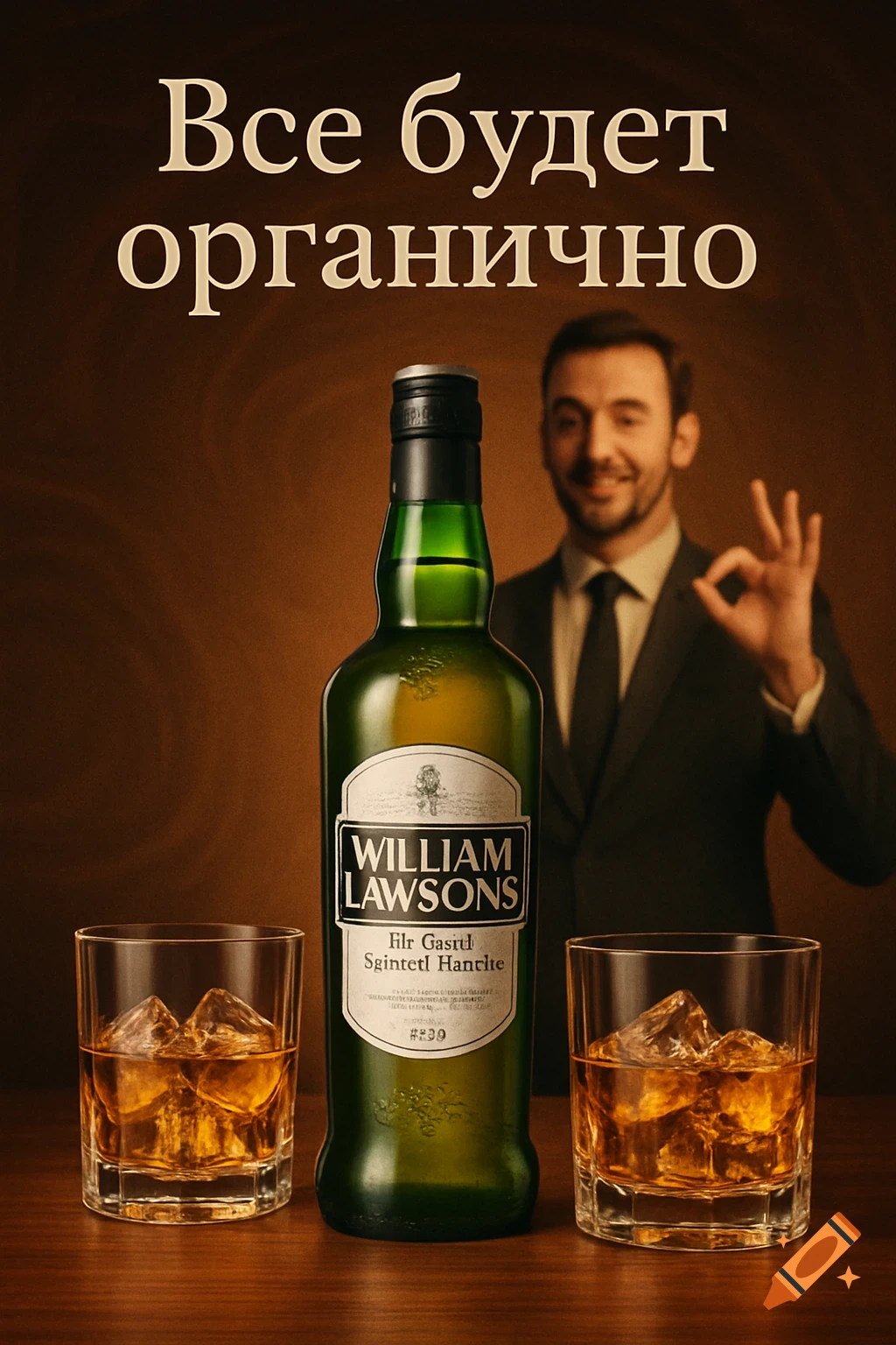 An advertising poster featuring a bottle of William Lawsons whiskey, two glasses with ice and whiskey, and a smiling man in a suit making an OK gesture in the background. The text "Все будет органично" is at the top.