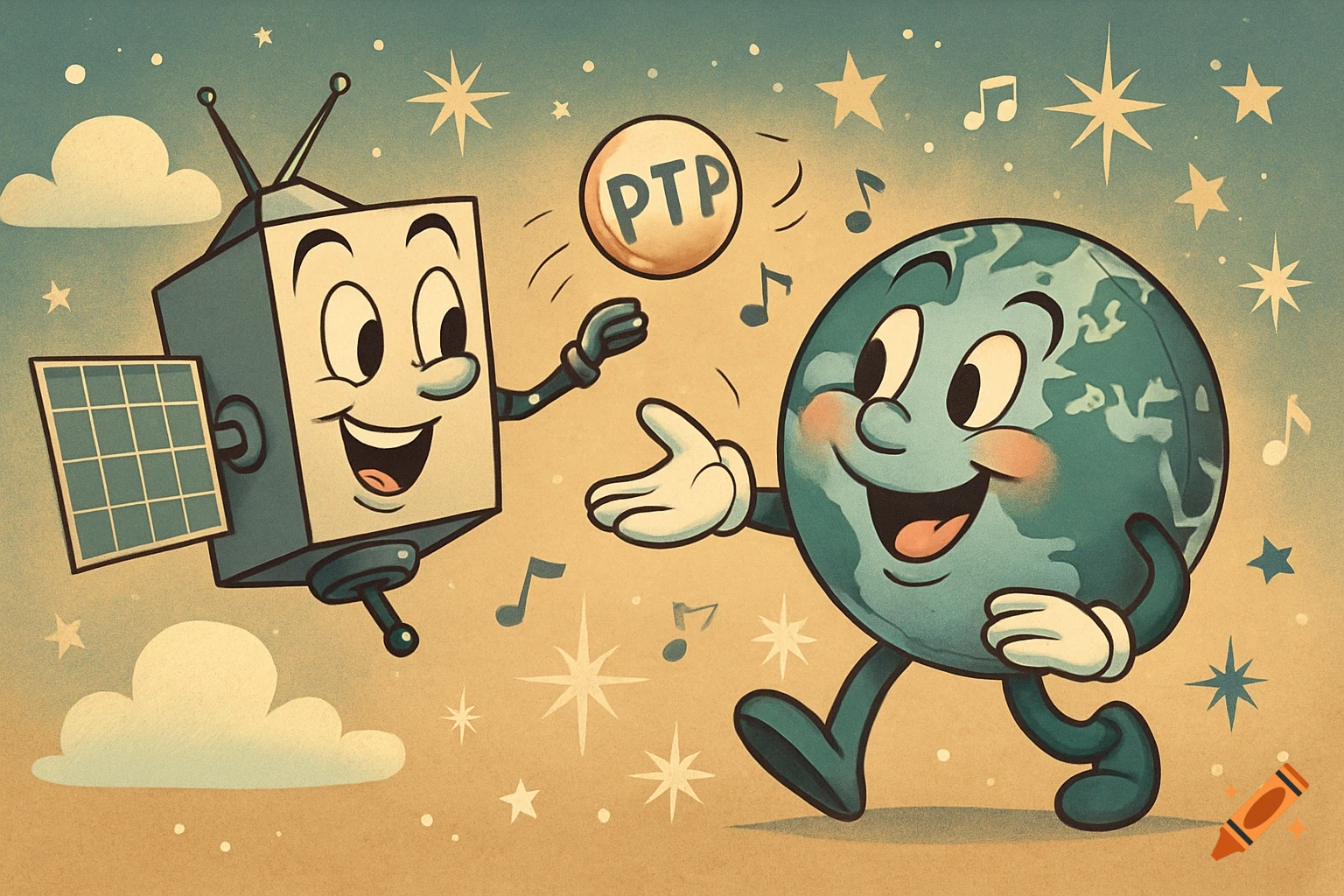 A retro 1950s Disney style cartoon shows a satellite and Earth playing catch with a ball labeled 'PTP' in a starry sky.
