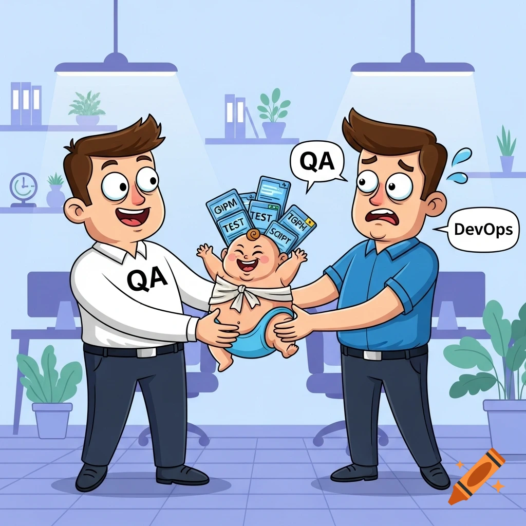 A cartoon QA engineer happily hands a baby, representing tests, with cards like 'TEST' and 'SCIIPT', to a stressed DevOps engineer in an office.