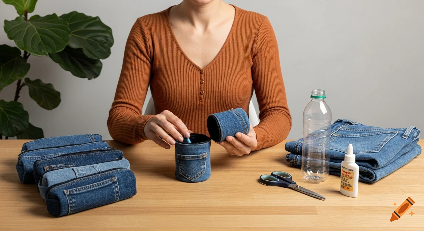 A woman sits at a wooden desk making a denim pencil case from recycled jeans, with crafting supplies nearby.