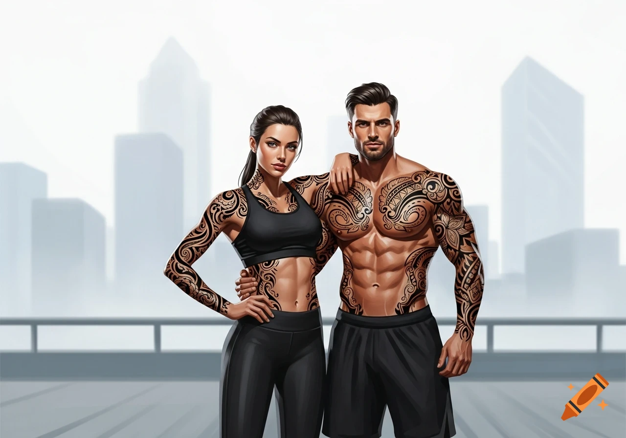 A muscular man and woman, both heavily covered in black tribal tattoos, stand close in black fitness wear against a blurred city background.