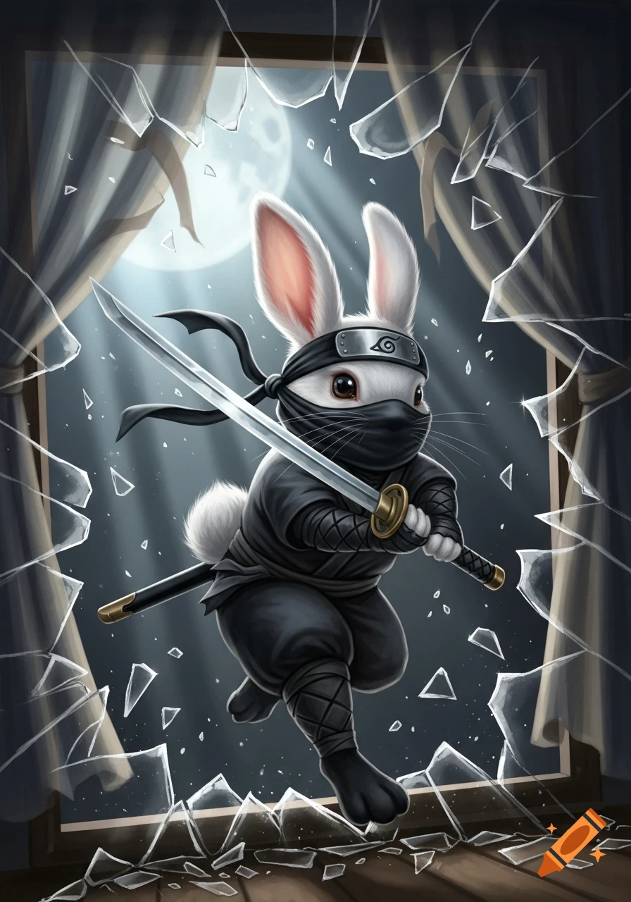 A cute white rabbit dressed as a ninja, holding a katana, jumps through a shattered window under a full moon, digital art.