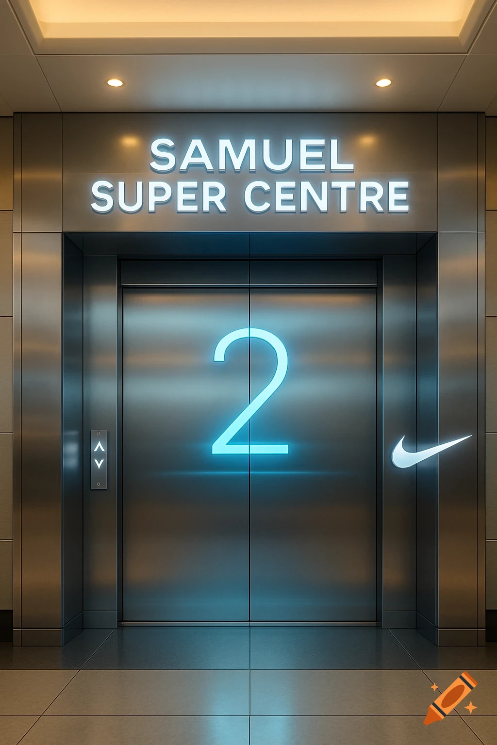 Modern elevator in a sleek building with a glowing number 2 on the door, a "Samuel Super Centre" sign, and a Nike logo.