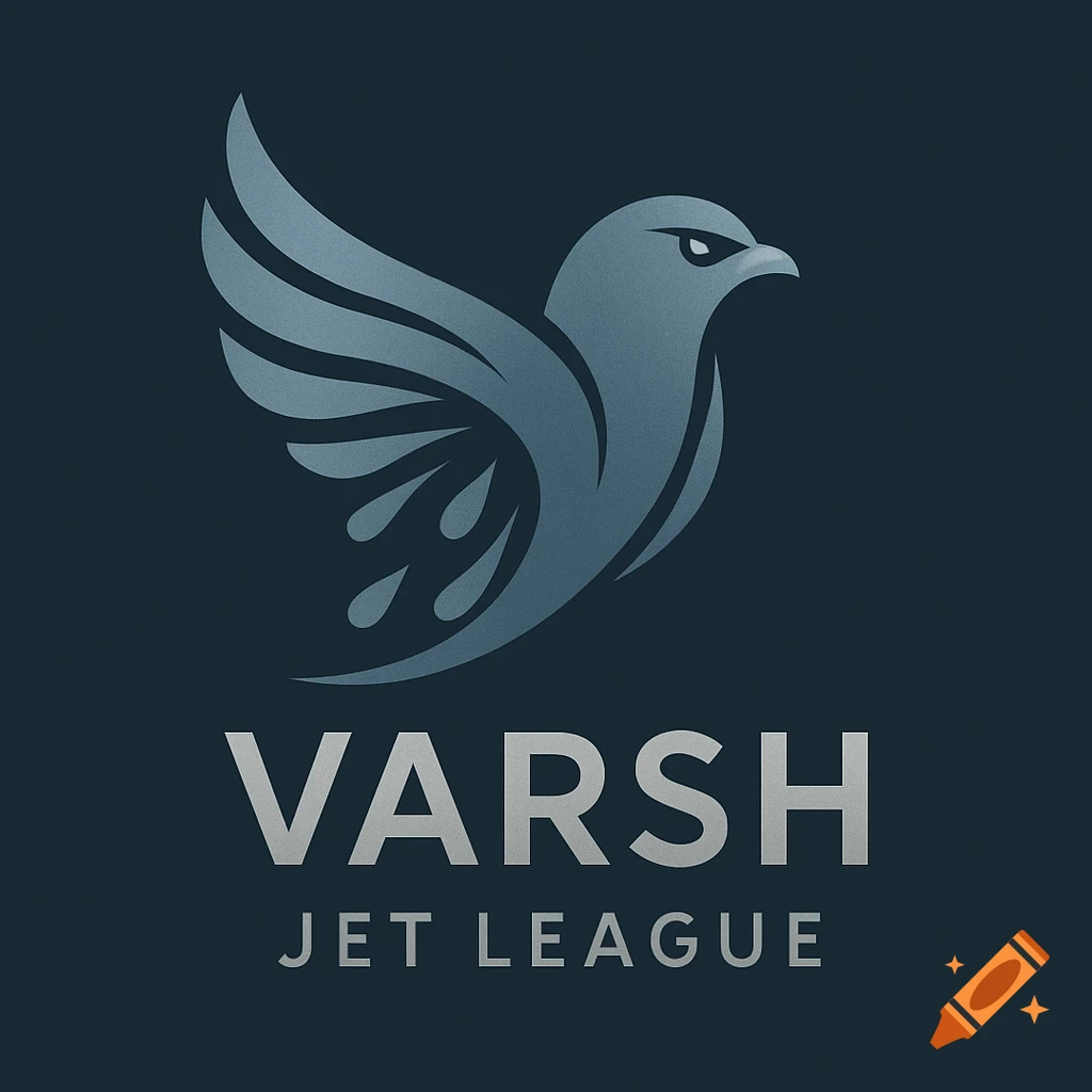A stylized blue bird logo with widespread wings and an eagle-like head, above the text 'VARSH' and 'JET LEAGUE' on a dark background.