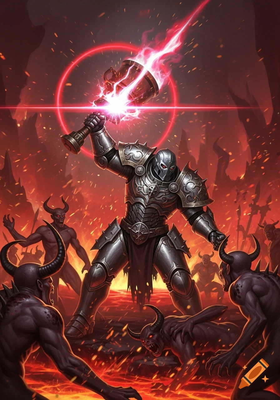 An armored warrior in a hellish landscape smashes several horned demons with a glowing red hammer, surrounded by fire and lava.