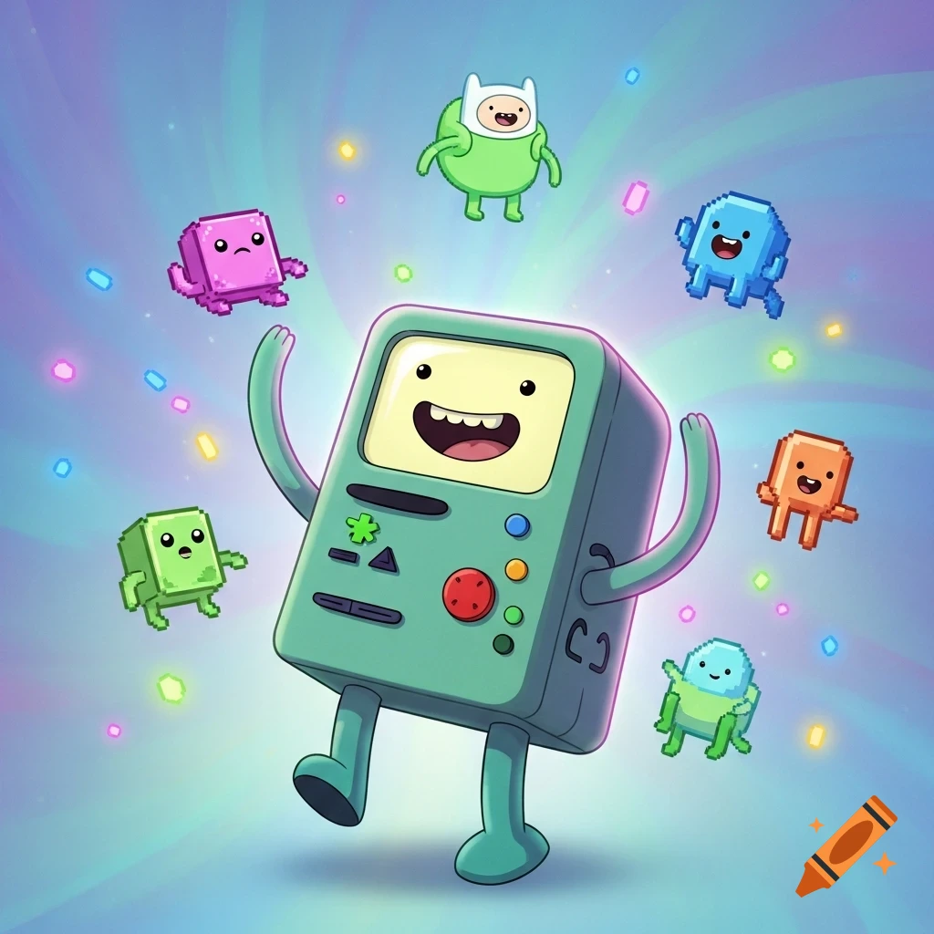 Happy BMO from Adventure Time, a teal game console character, with arms and legs, surrounded by colorful pixelated characters and sparkling elements against a vibrant, swirly background.