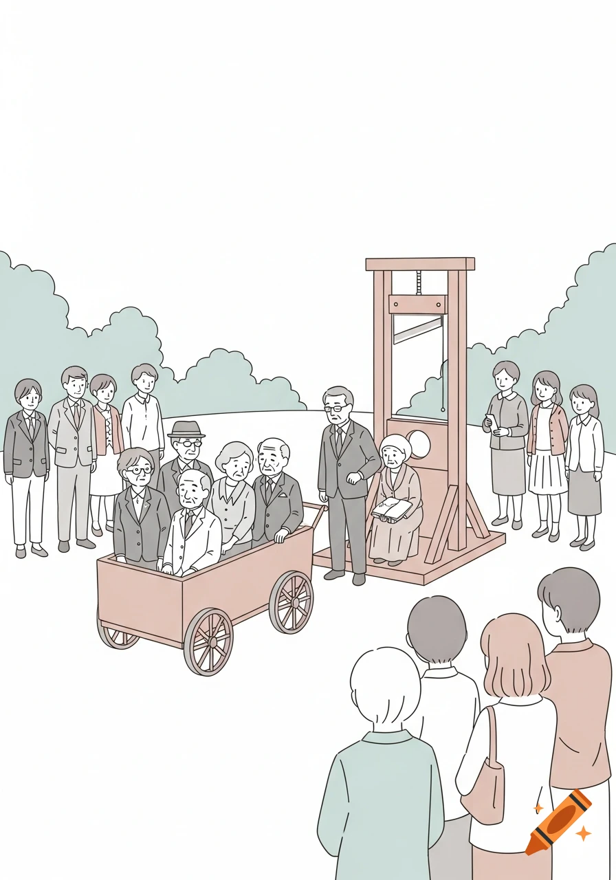 Simple flat illustration depicting a group of older people in a cart approaching a stylized guillotine, watched by a crowd of young people.