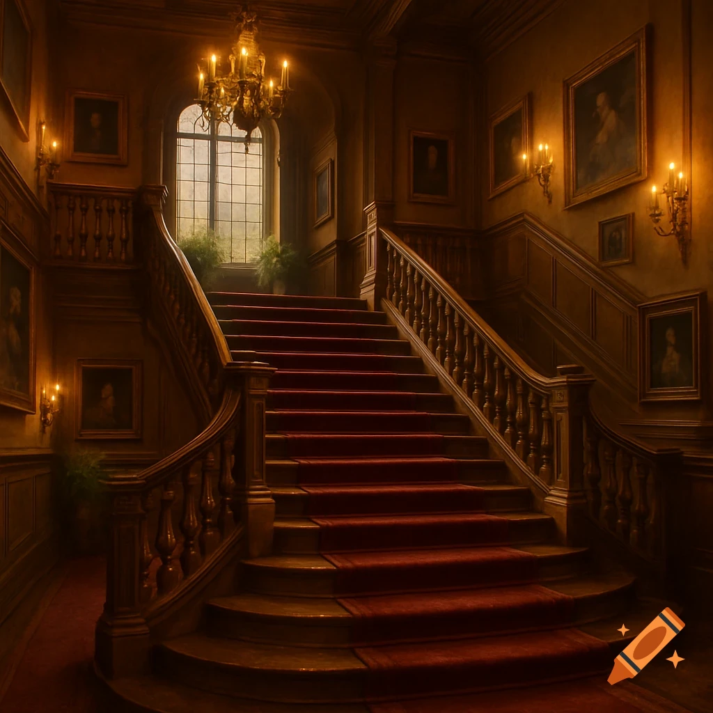 An ornate, grand wooden staircase with a red carpet and balusters, lit by chandeliers and a large window in a classic mansion interior.