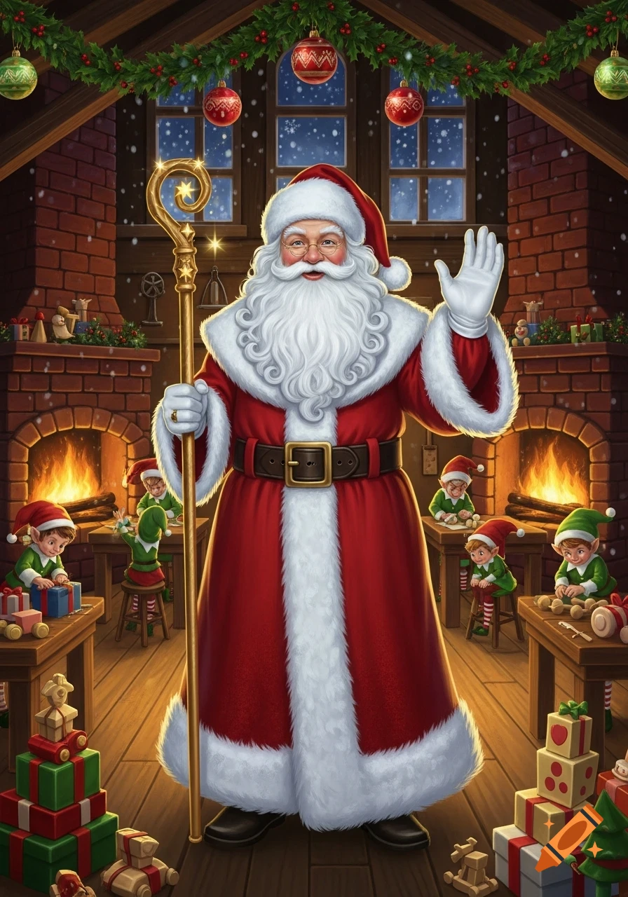 Santa Claus waves in a cozy Christmas workshop, holding a golden staff, while elves make toys.