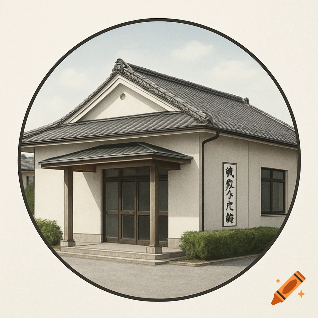 A photorealistic illustration of a Japanese community center with white walls and a traditional roof, framed in a circular badge.